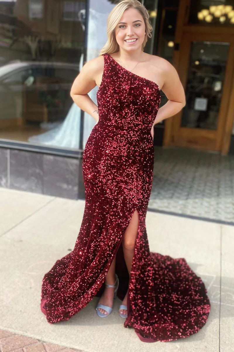 Mermaid One Shoulder Cute Sparkly Burgundy Sequins Long Prom Dresses with Slit